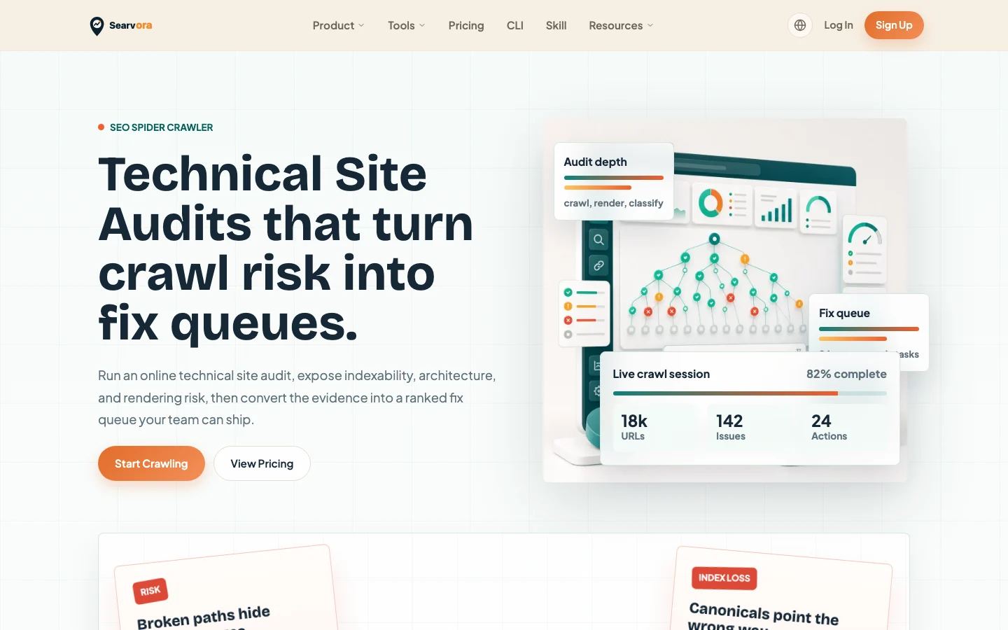Searvora SEO Spider Crawler product page showing technical site audits, crawl risk, and fix queue workflow