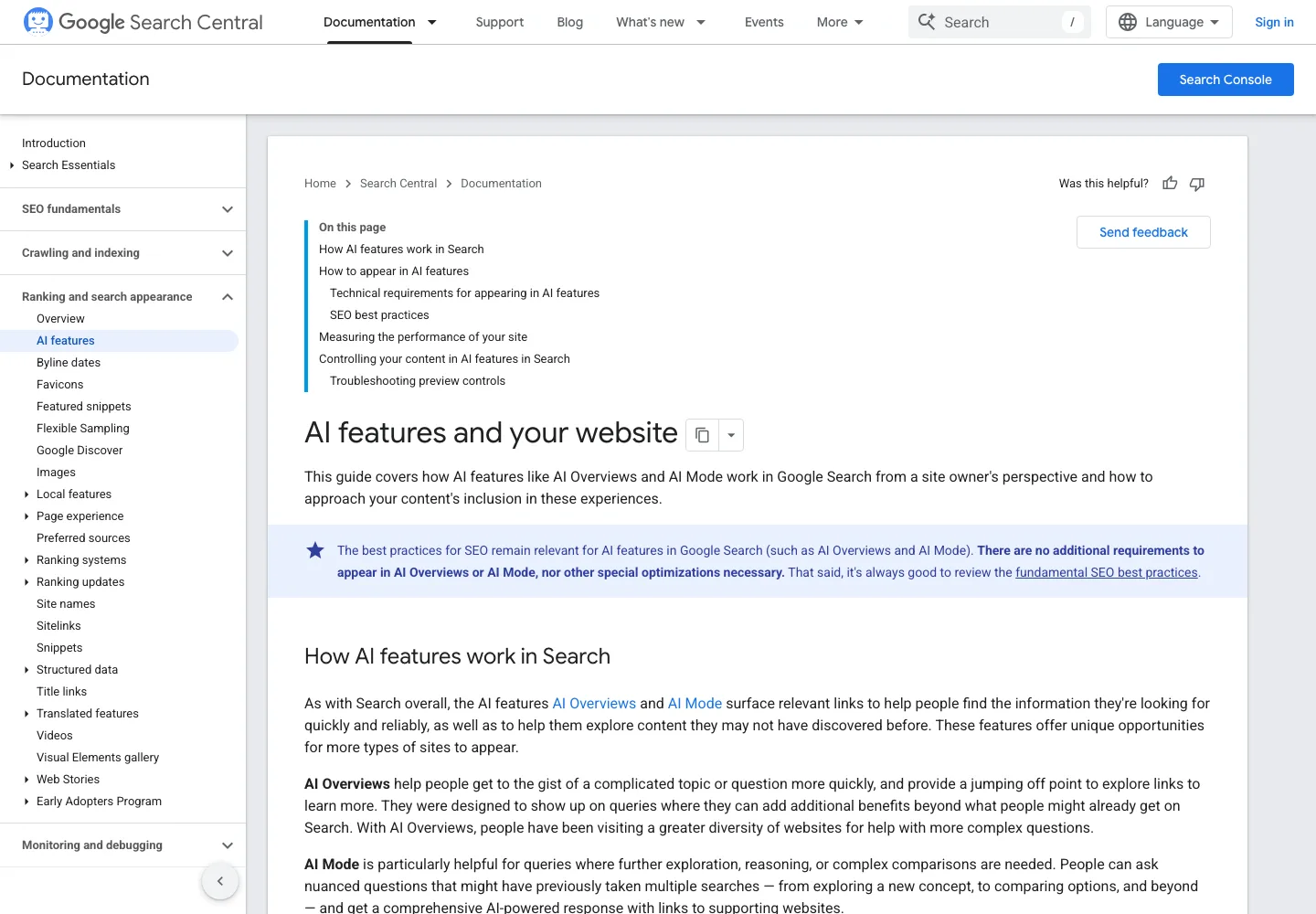Google Search Central AI features documentation showing AI Overviews and AI Mode guidance for site owners