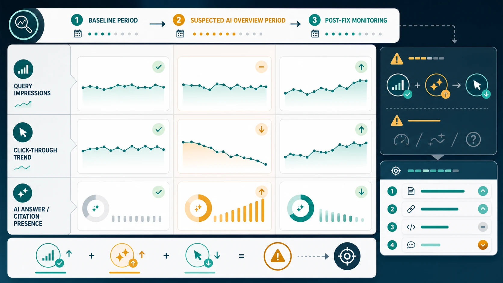 AI Overview click-loss diagnostic matrix comparing baseline and post-fix signals