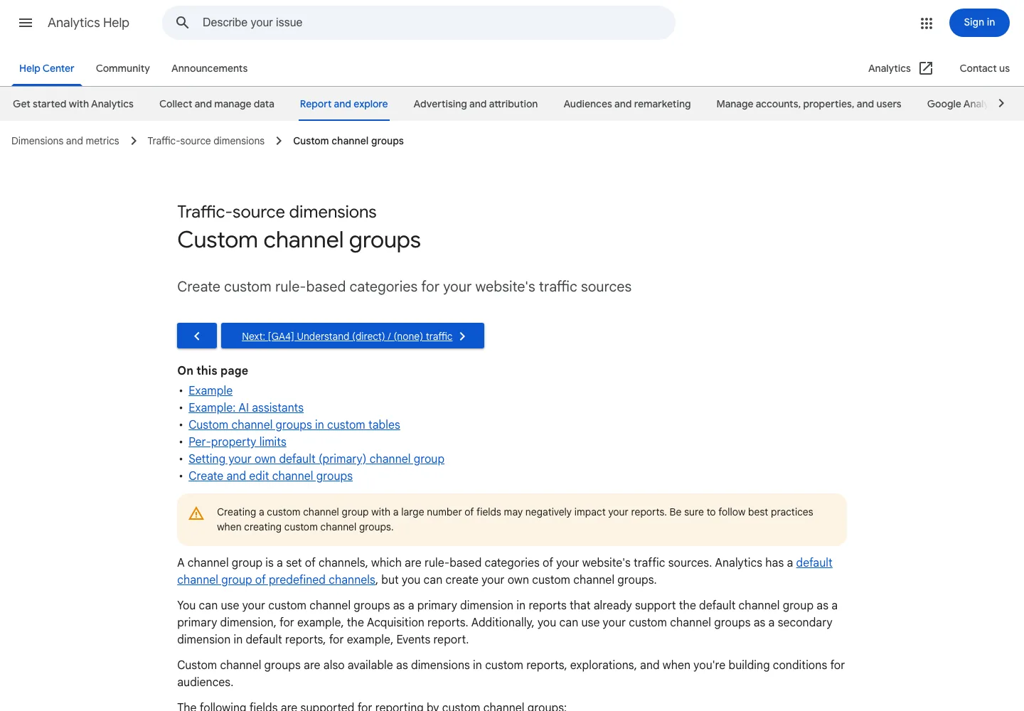 Official Google Analytics Help page for custom channel groups, including the AI assistants example in the page navigation