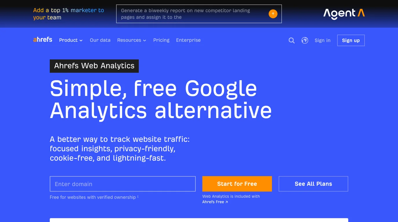 Ahrefs Web Analytics official product page screenshot