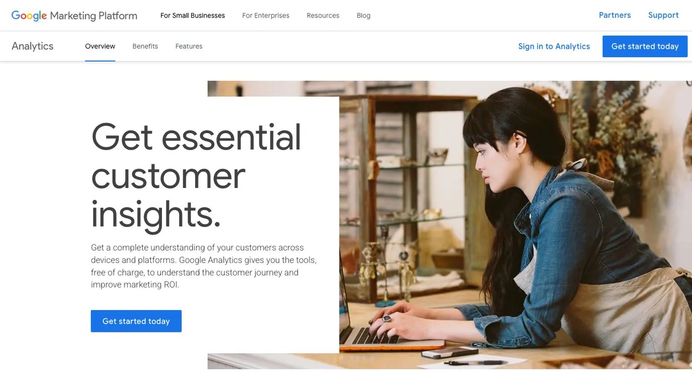 Google Analytics official page screenshot for customer journey and marketing measurement