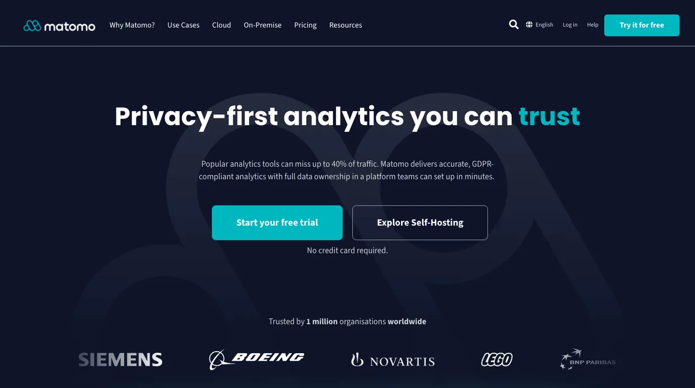 Matomo official page screenshot for privacy-first analytics