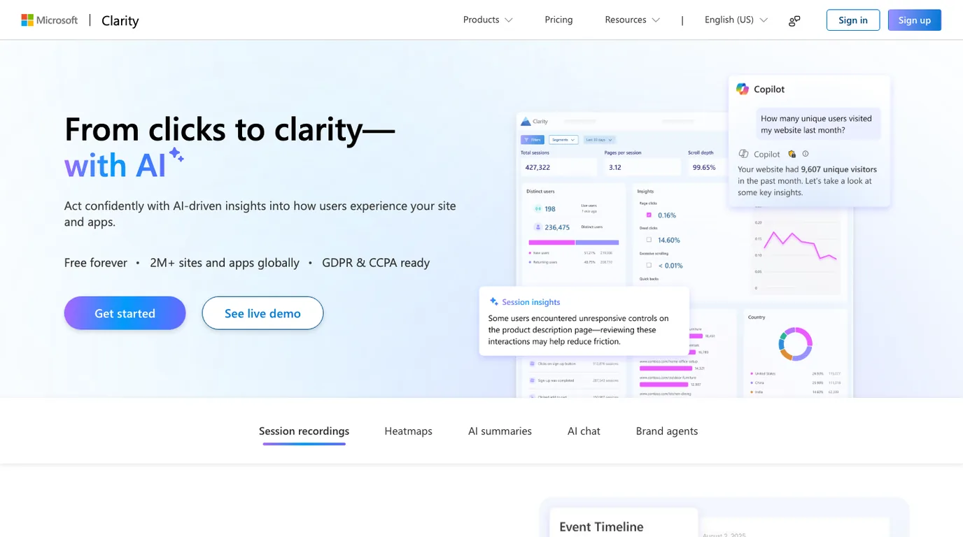 Microsoft Clarity official page screenshot for session recordings and heatmaps