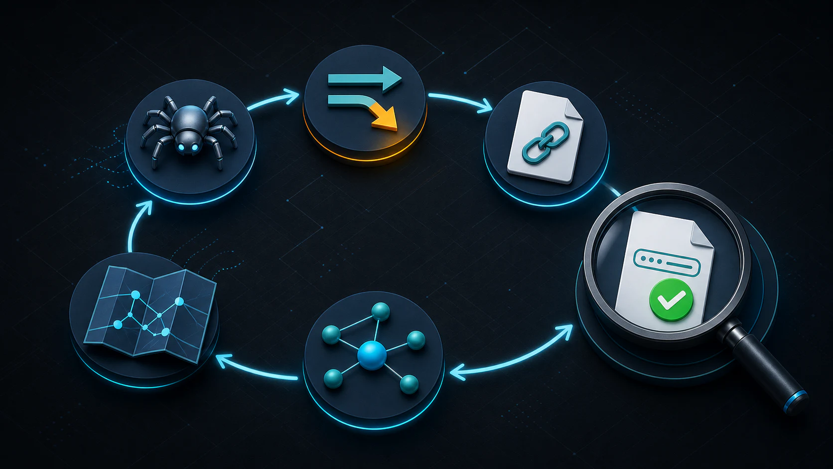 Release validation loop showing crawler, redirect, canonical, sitemap, internal links, and final verification