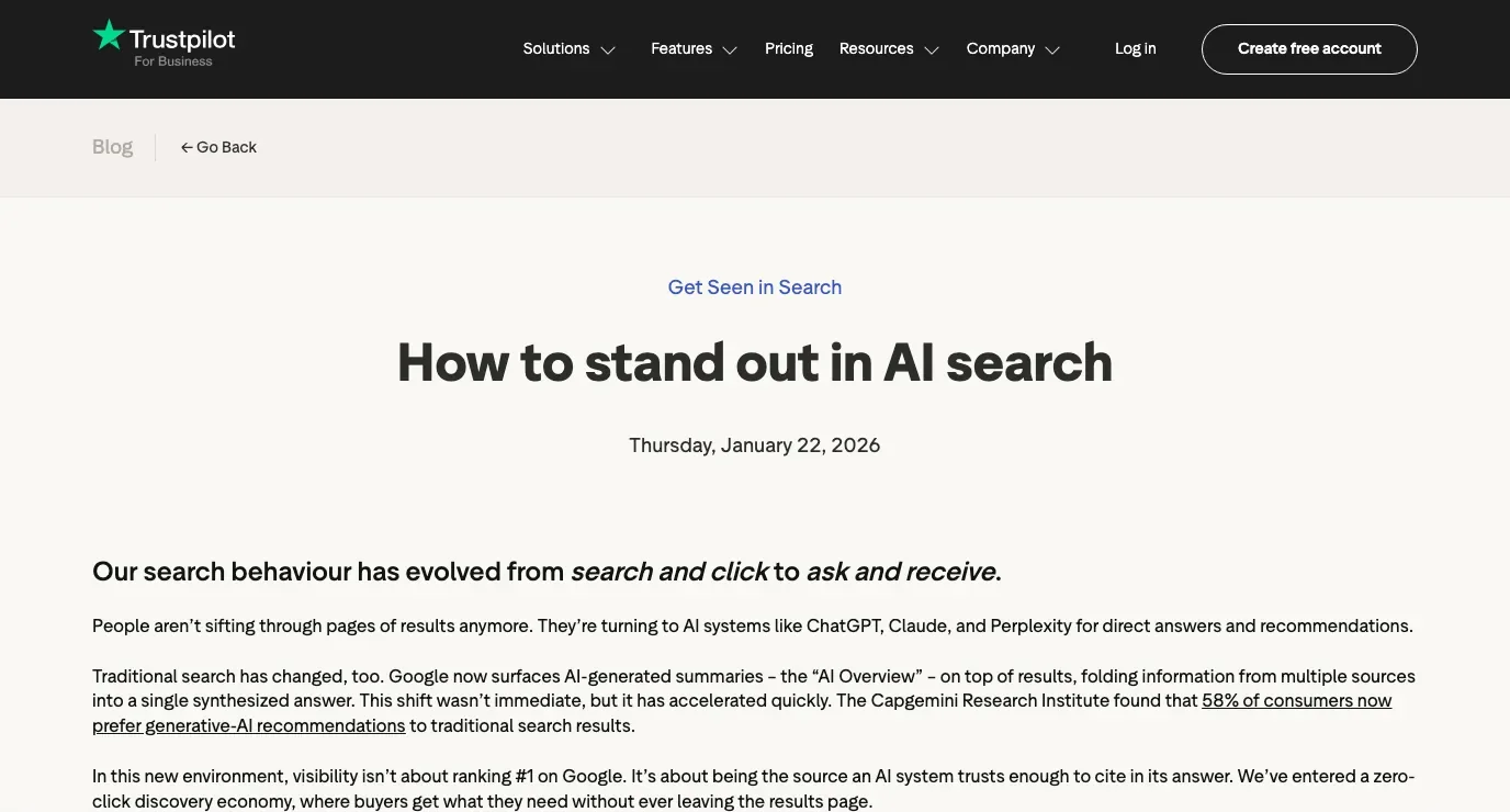 Official Trustpilot AI search article used as public source evidence