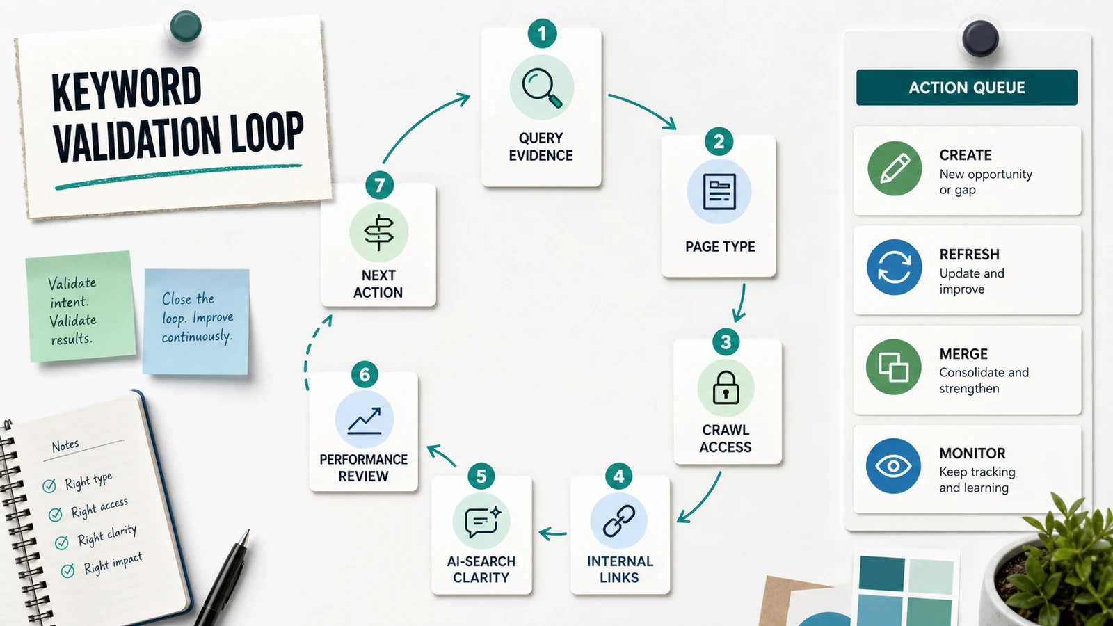 Keyword validation loop connecting query evidence, page type, crawl access, internal links, AI-search clarity, performance review, and next action