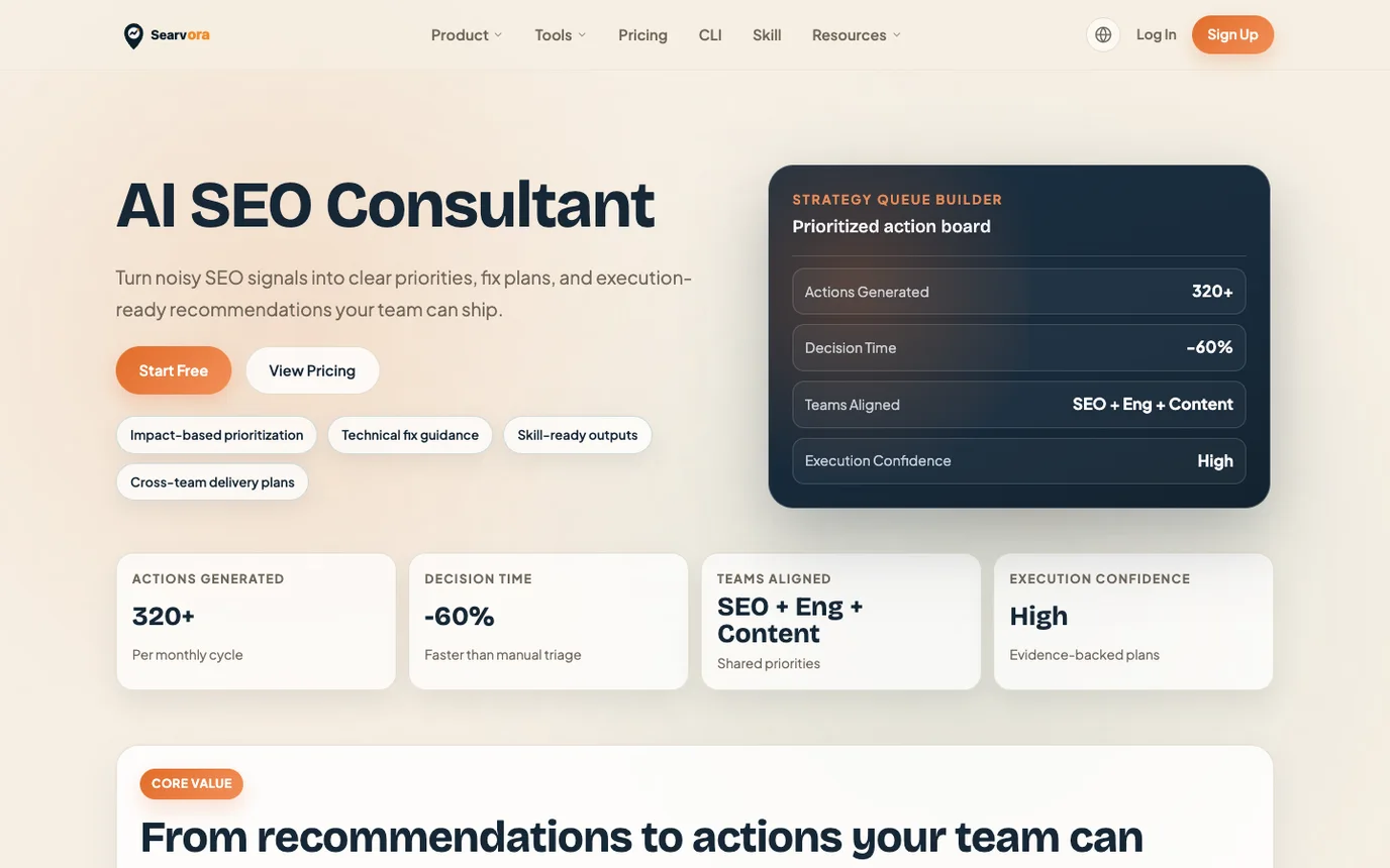 Searvora AI SEO Consultant public page showing prioritized action board positioning