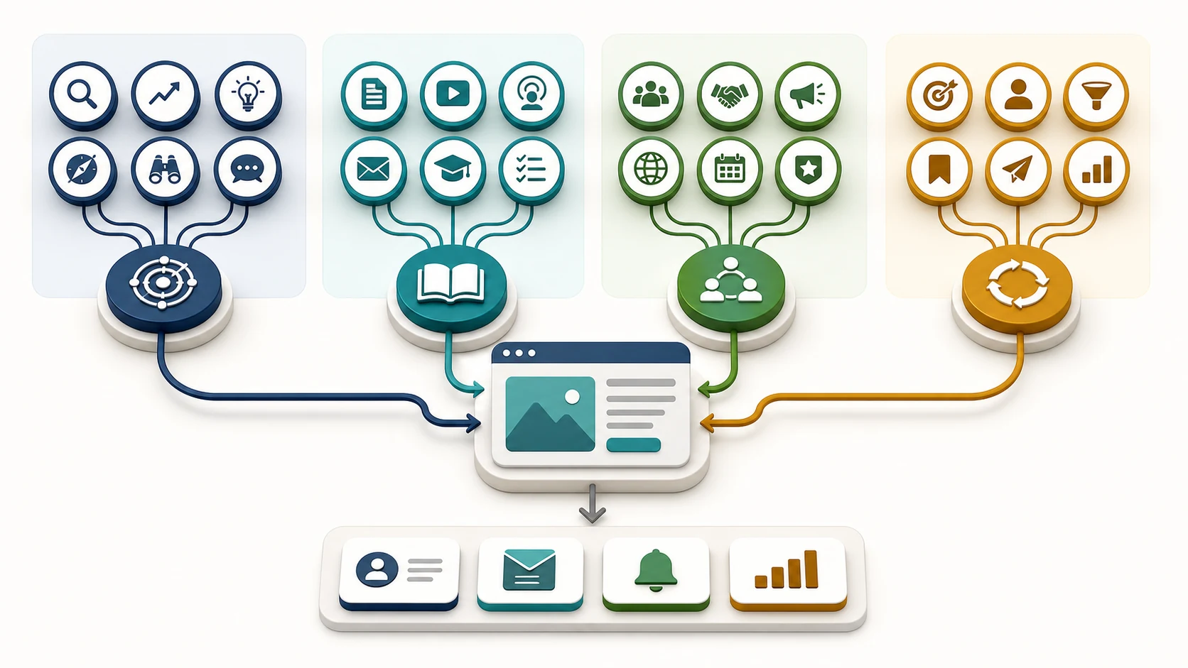 Eighteen marketing disciplines grouped by discovery, education, relationships, and conversion before routing into an owned web asset