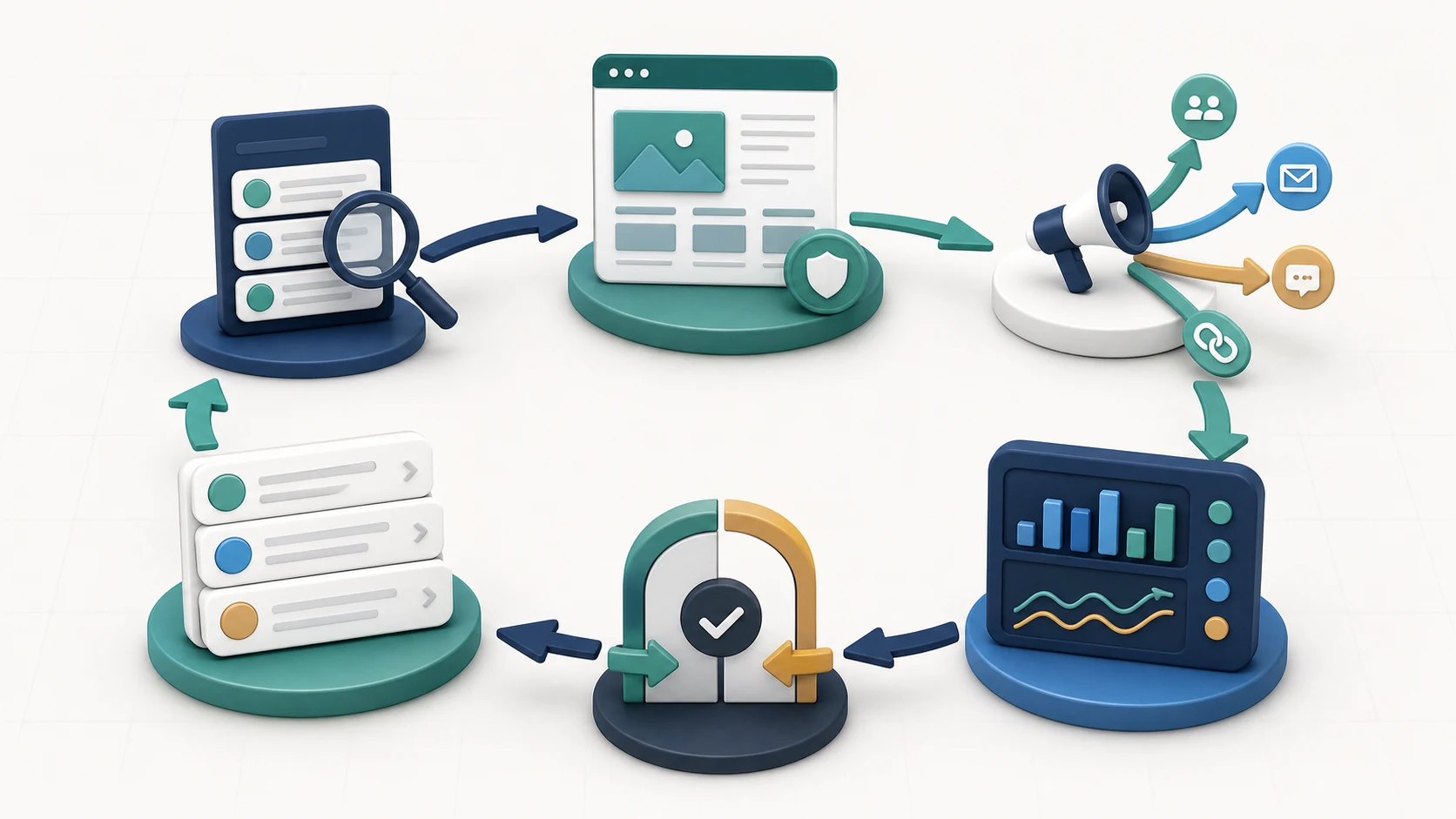 Marketing validation loop from baseline evidence through an owned asset, coordinated distribution, observation, a decision gate, and prioritized next actions