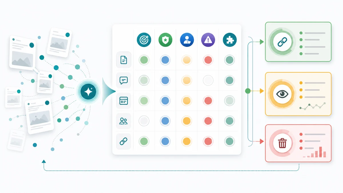 Mention qualification map for unlinked mentions with discovery signals, scoring checks, and pursue-monitor-skip outcomes