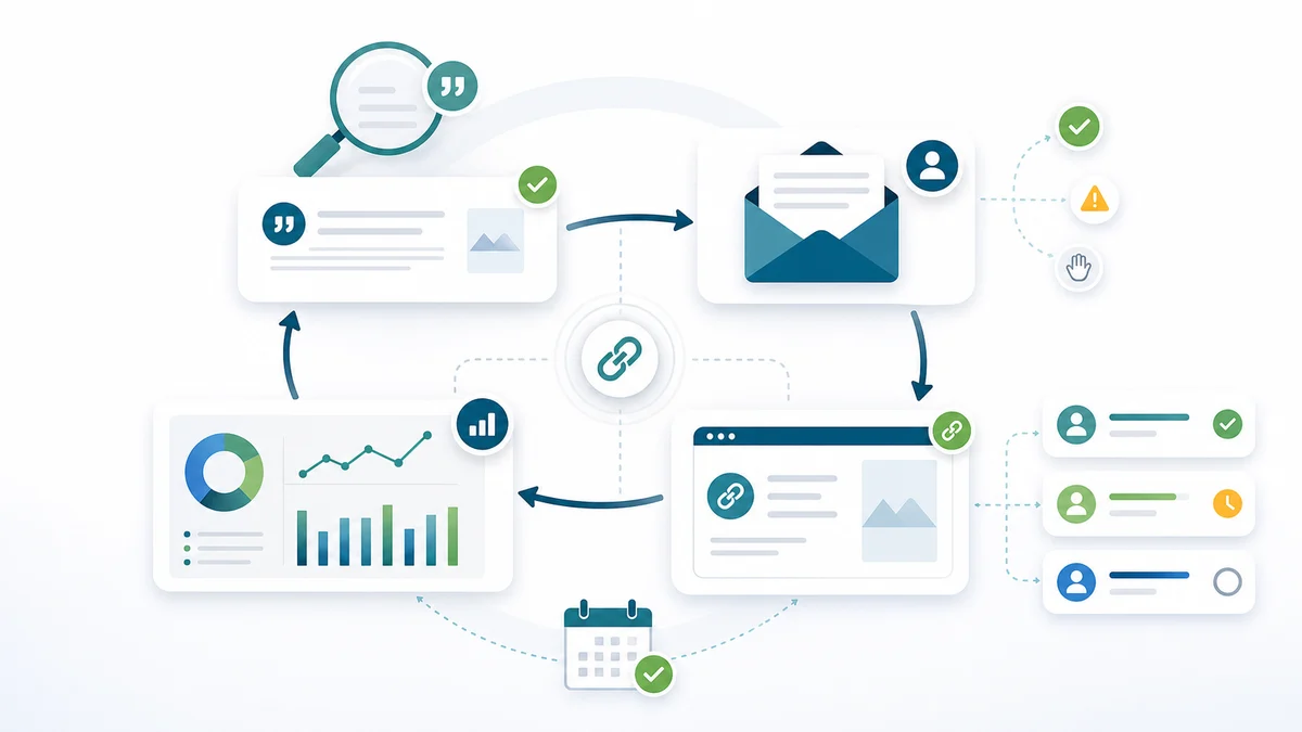 Outreach and measurement loop for unlinked mentions from qualified mention to editor note, linked source, dashboard review, and next action