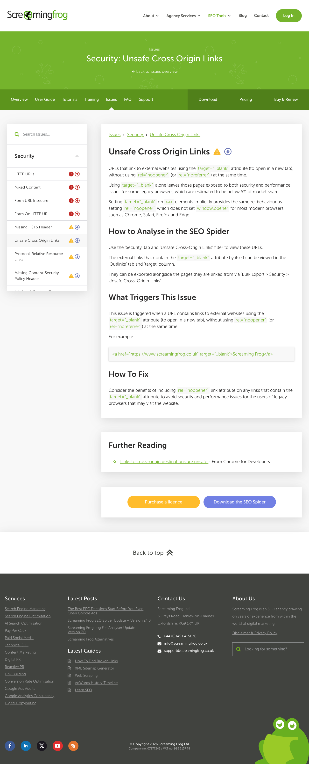 Public Screaming Frog issue page showing its Unsafe Cross Origin Links documentation