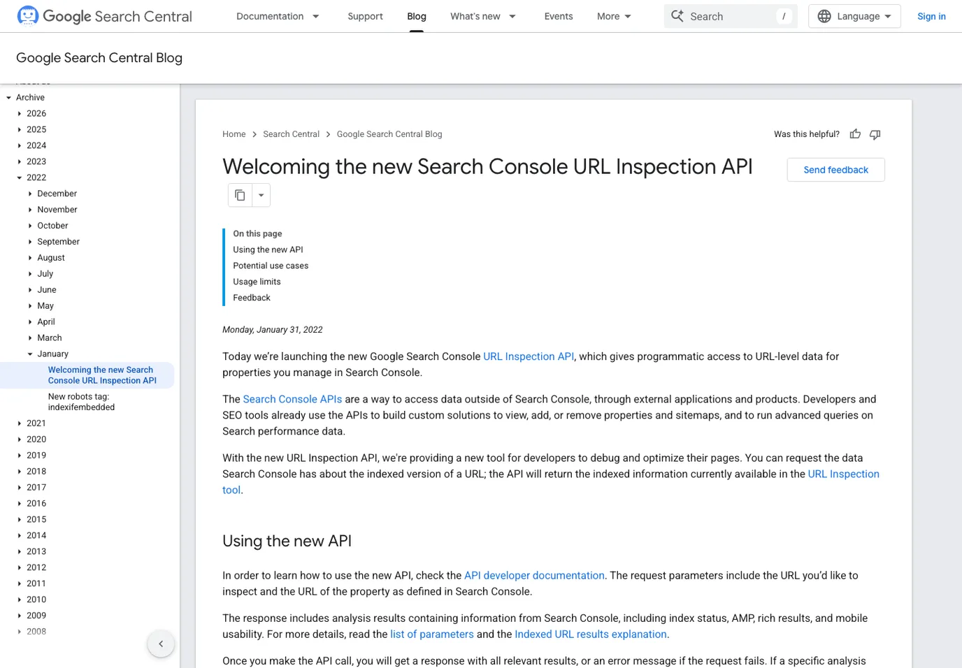 Google Search Central page announcing the Search Console URL Inspection API