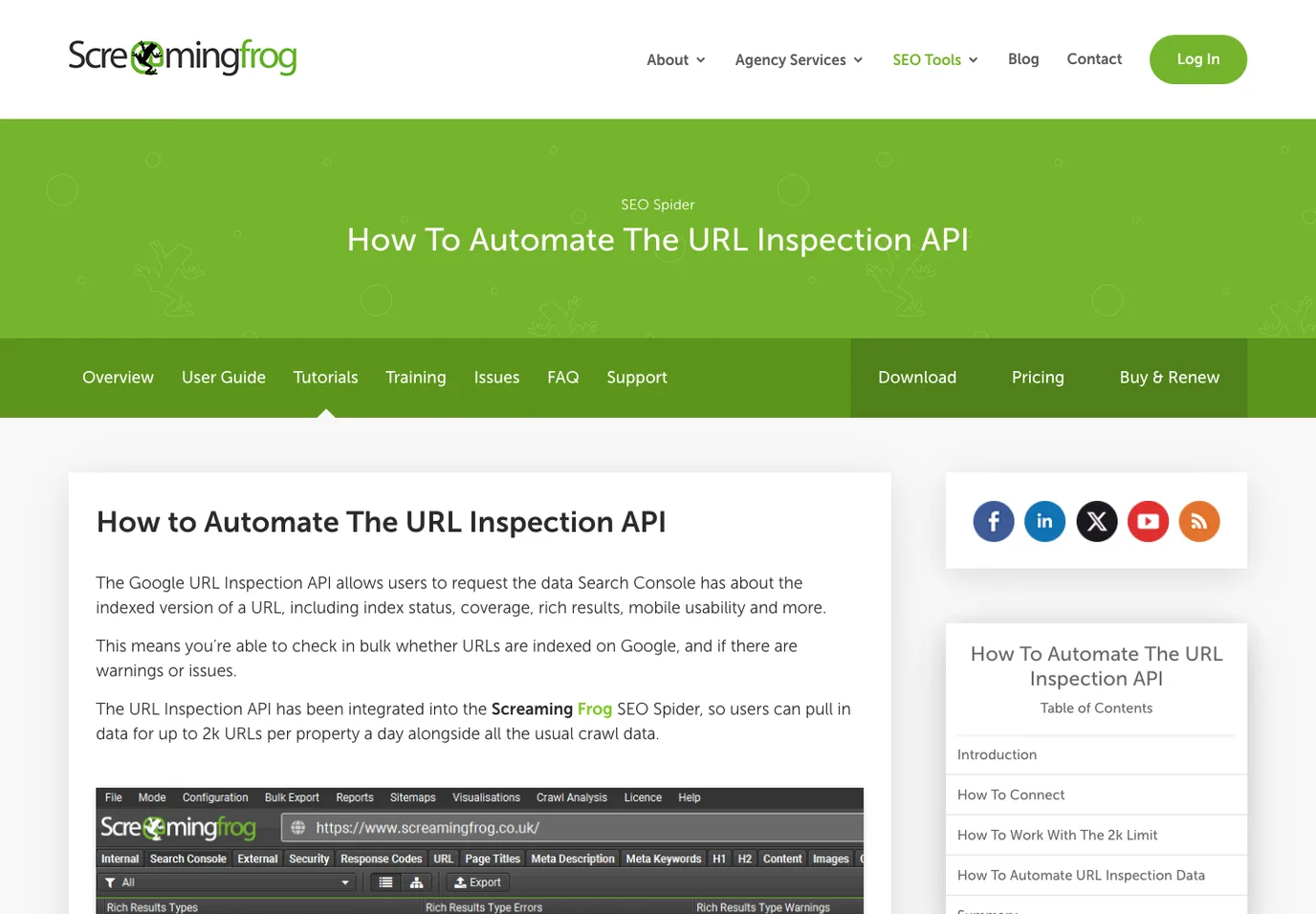 Official Screaming Frog tutorial page for automating URL Inspection API checks