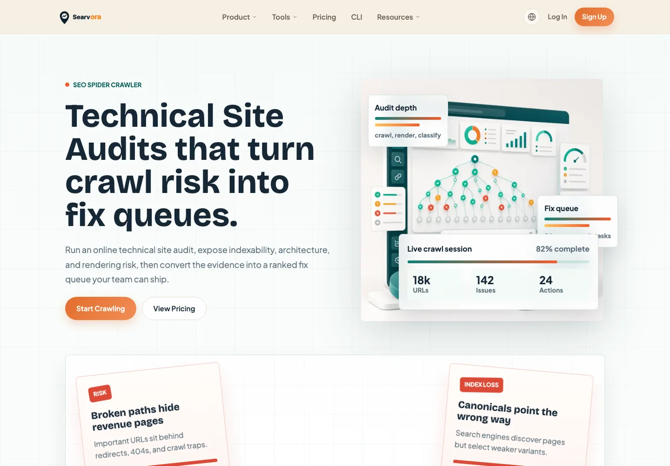 Searvora SEO Spider Crawler page showing crawl risk converted into fix queues