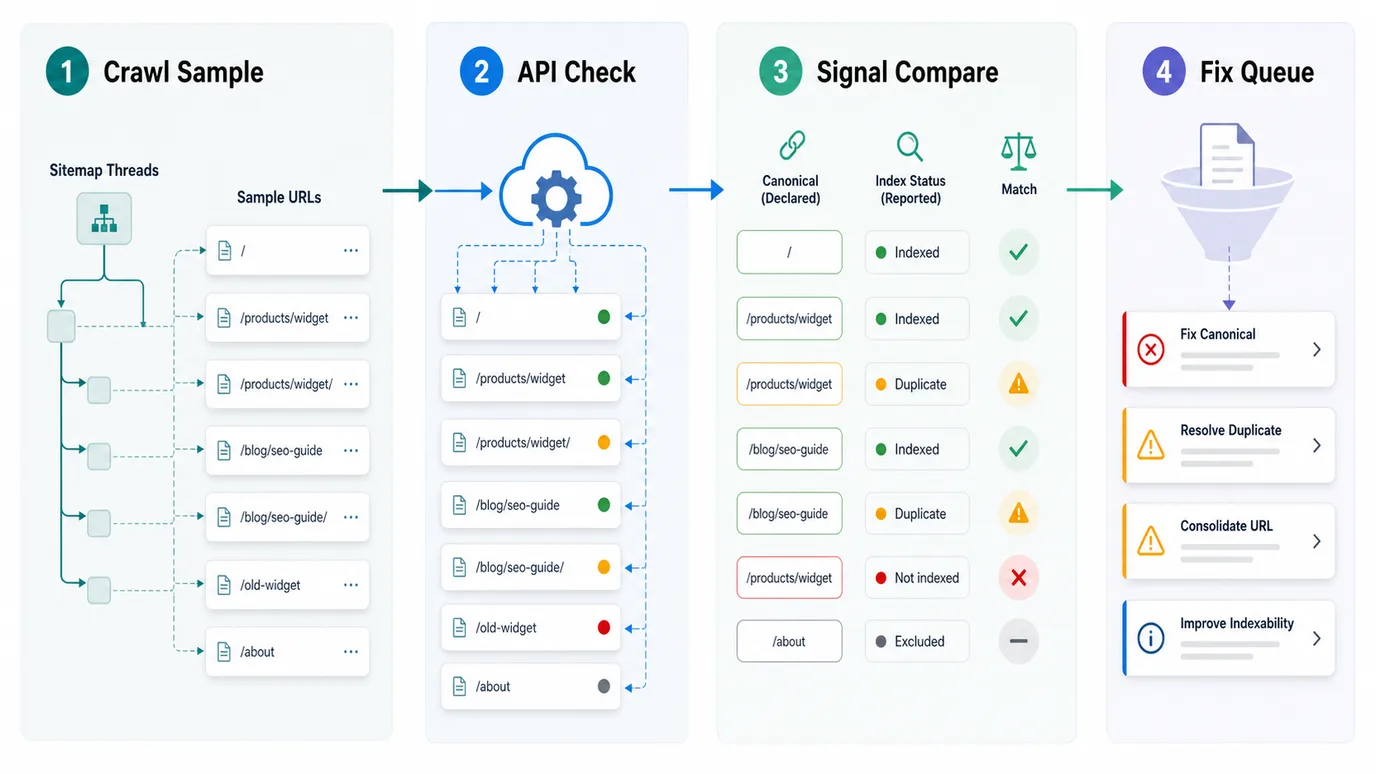 URL Inspection API automation workflow from crawl sample through API check, signal comparison, and fix queue