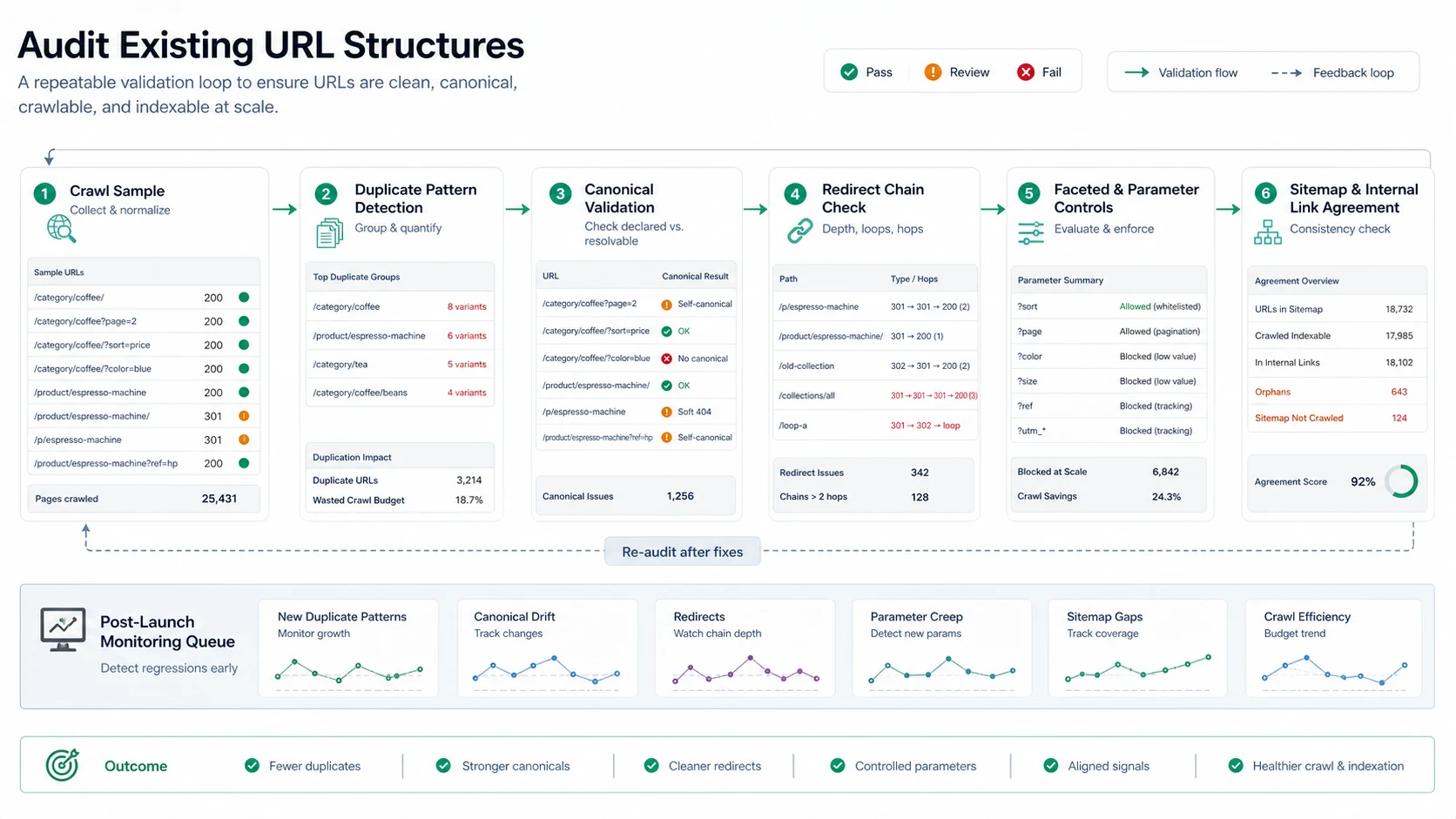URL structure audit loop checking crawl samples, duplicate patterns, canonicals, redirects, parameters, and sitemap agreement