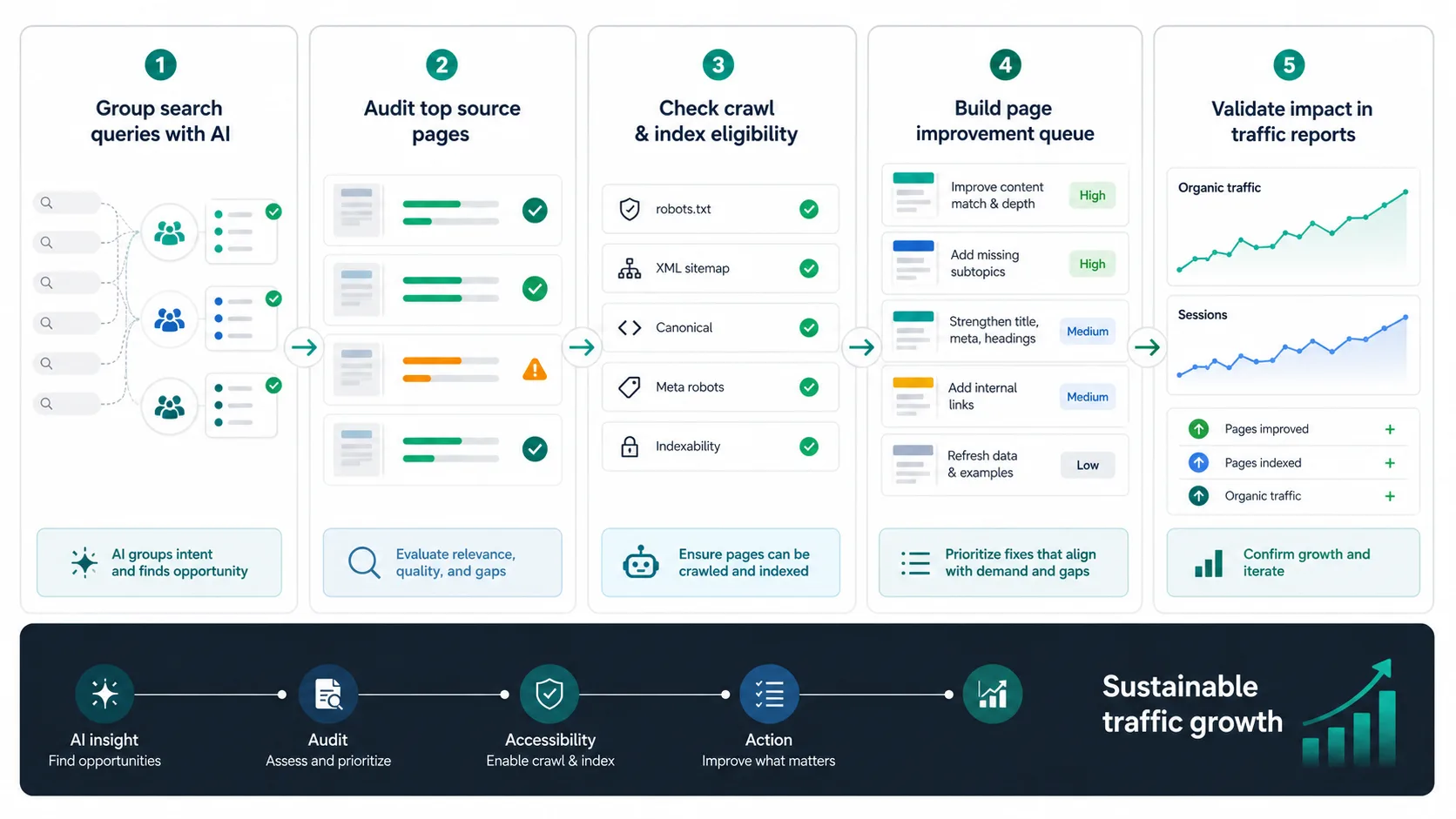 AI-assisted website traffic workflow from query groups to source-page audits, crawl eligibility, improvement queues, and traffic validation