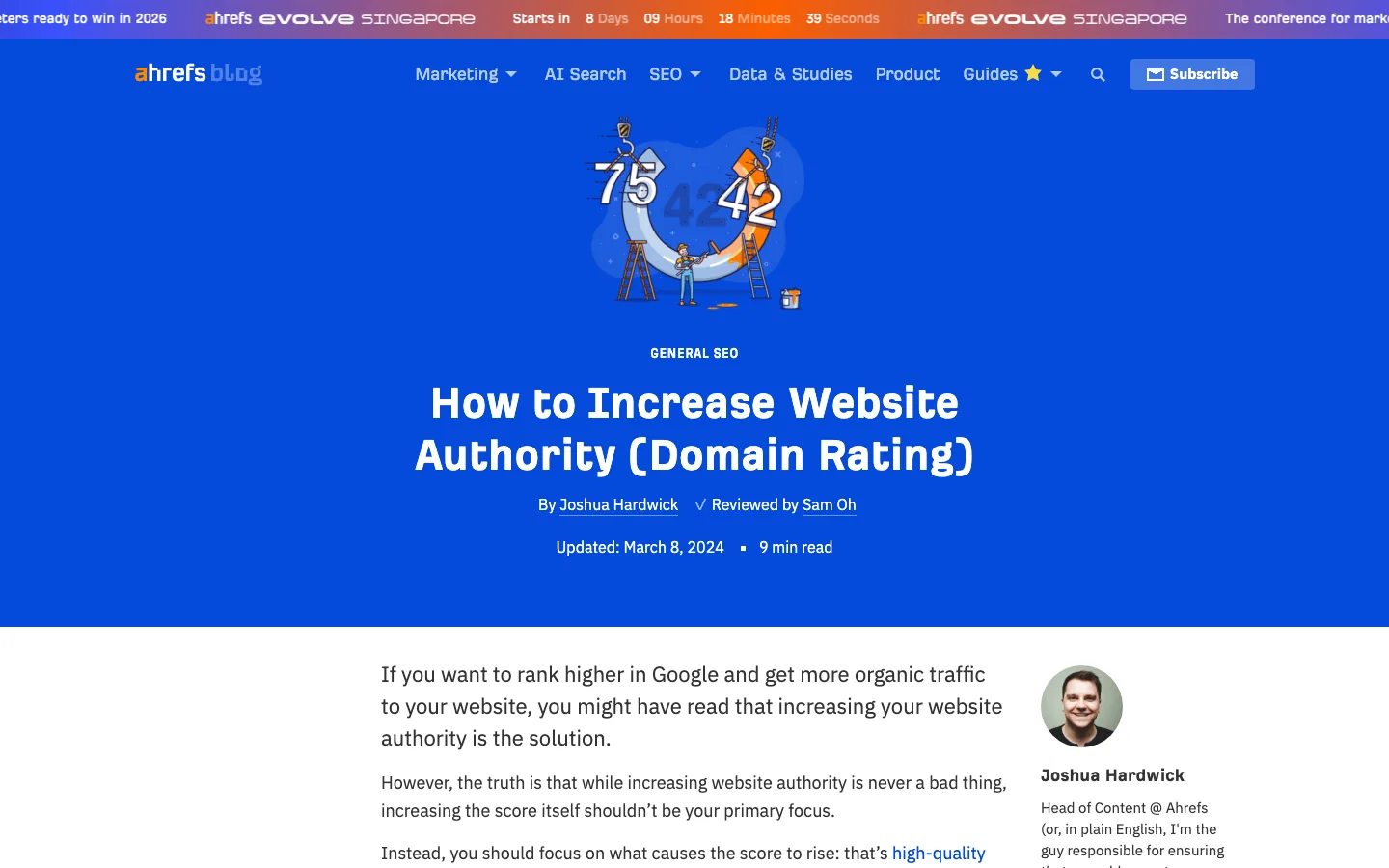 Ahrefs public article page framing website authority around Domain Rating