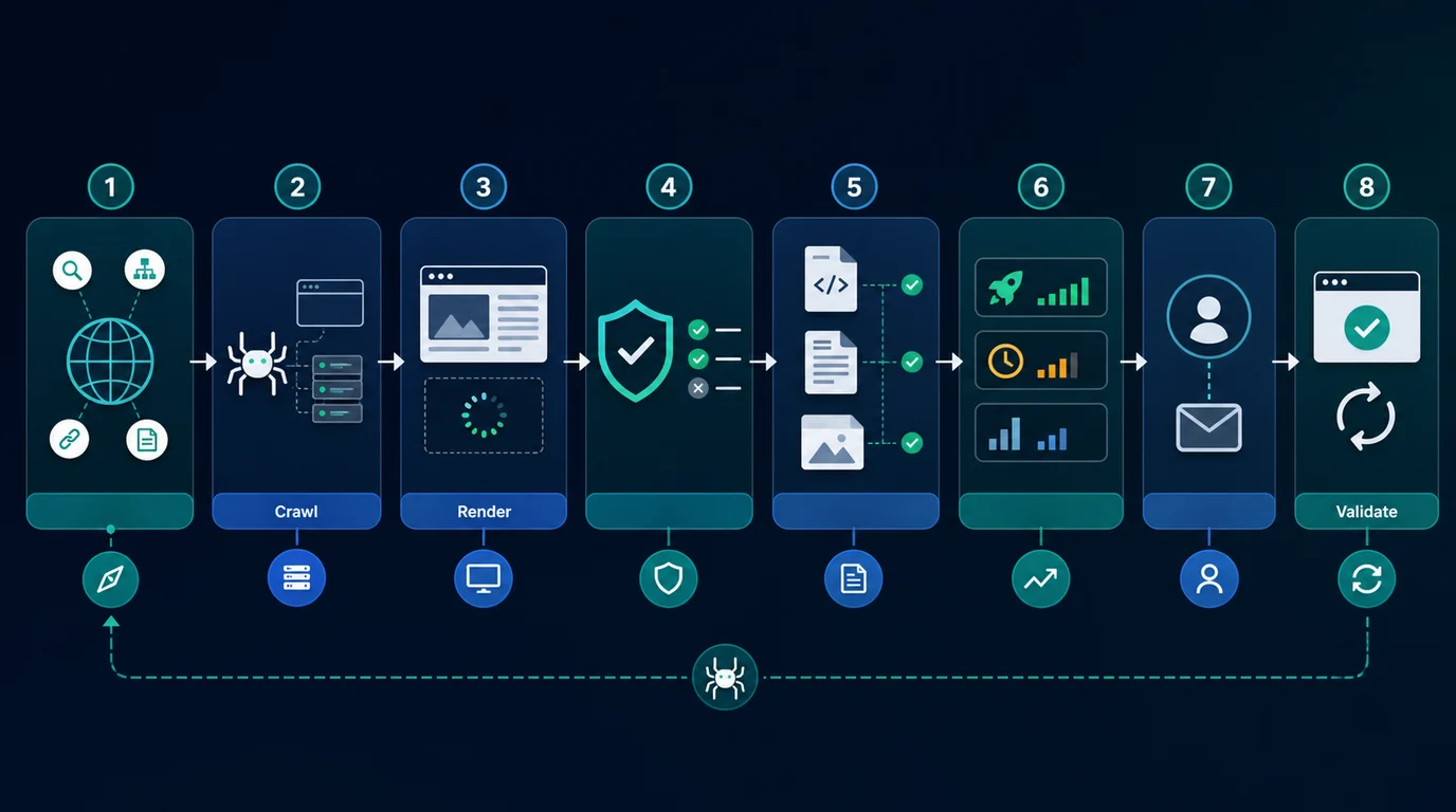 Website crawler validation workflow from discovery and rendering to evidence, priority, owner handoff, and recrawl proof