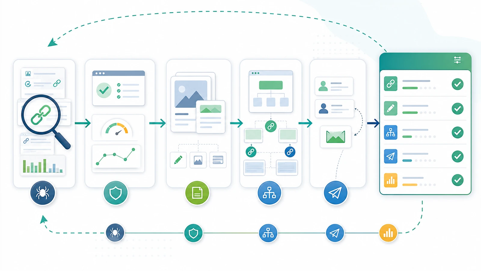 Backlink findings becoming a prioritized SEO action queue with crawl, asset, internal link, outreach, and monitoring steps