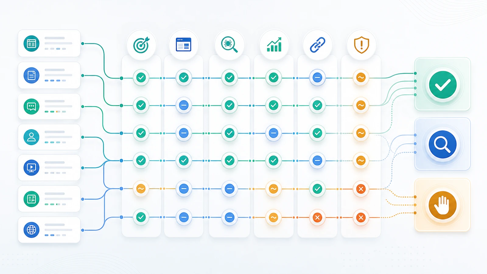 Backlink quality map showing link evidence moving through quality and risk checkpoints