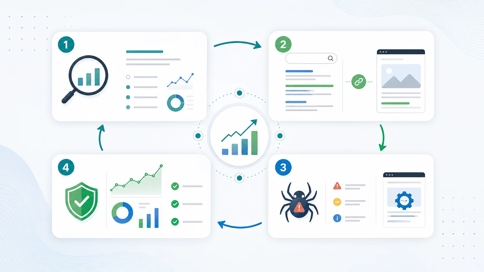 Organic traffic action loop from source checks to query matching, technical eligibility, page changes, and validation