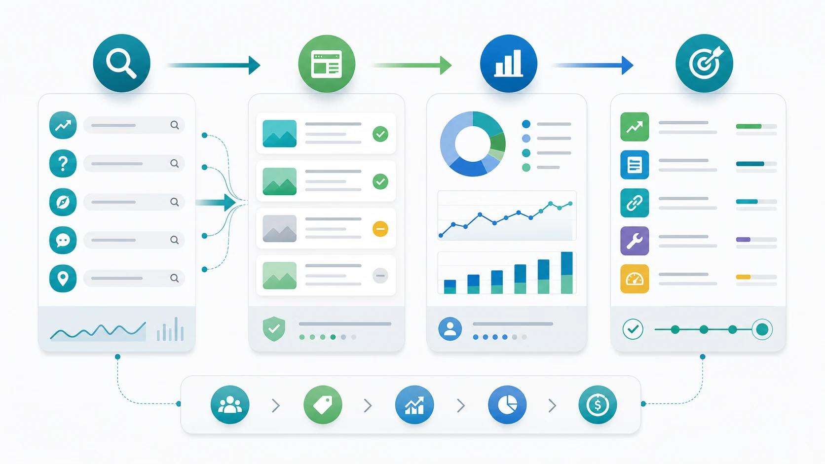 Organic traffic classification workflow connecting search demand, landing pages, attribution checks, and SEO action queues