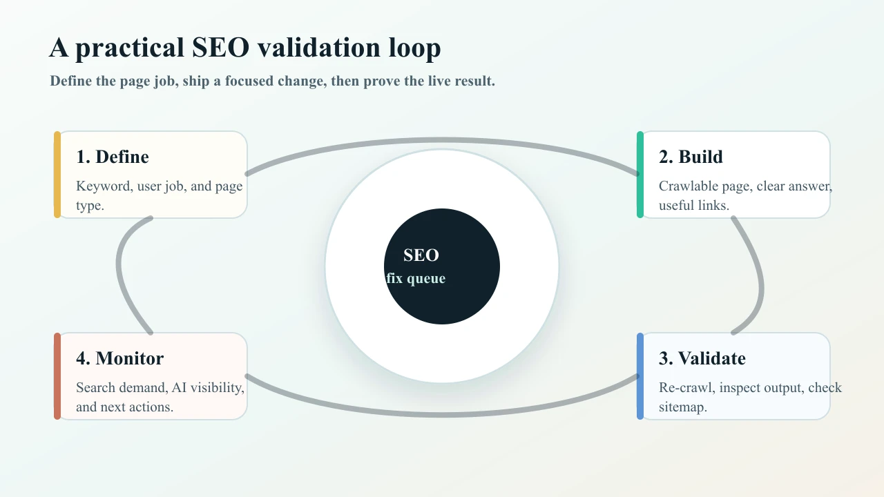 SEO validation loop from definition to build, validation, monitoring, and next actions