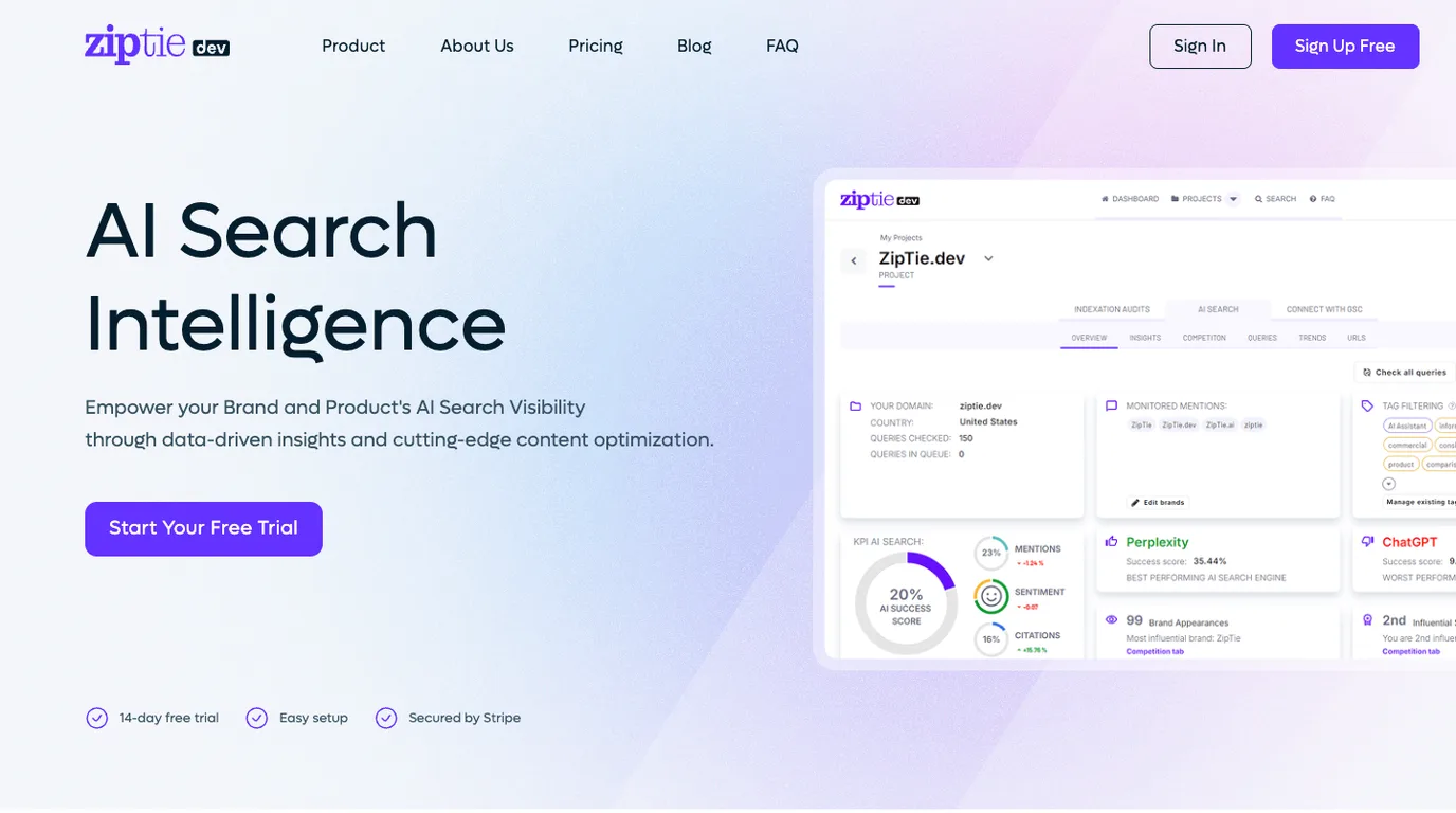Official ZipTie.dev homepage used as public evidence for AI search analytics positioning