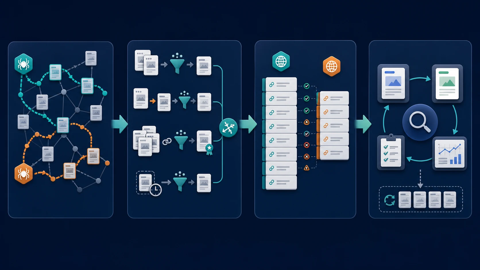 Backlink tool validation workflow from crawler coverage through filtering, comparison, and recrawl