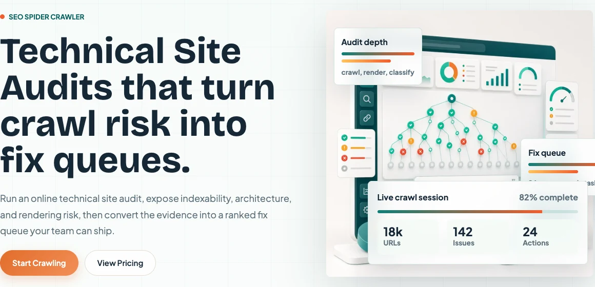 Searvora SEO Spider Crawler page showing crawl evidence and a prioritized fix queue
