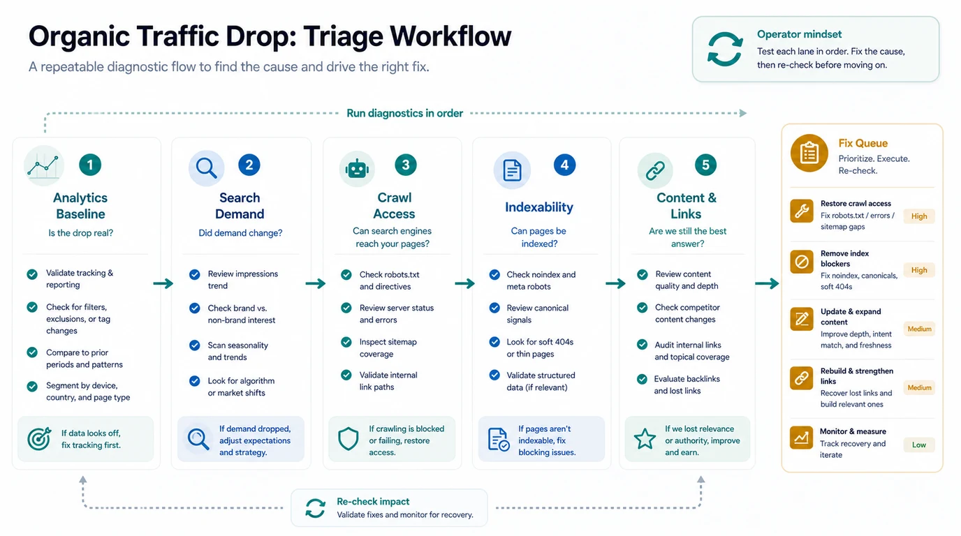 Organic traffic drop triage workflow from analytics baseline through crawl, indexability, content, links, and fix queue