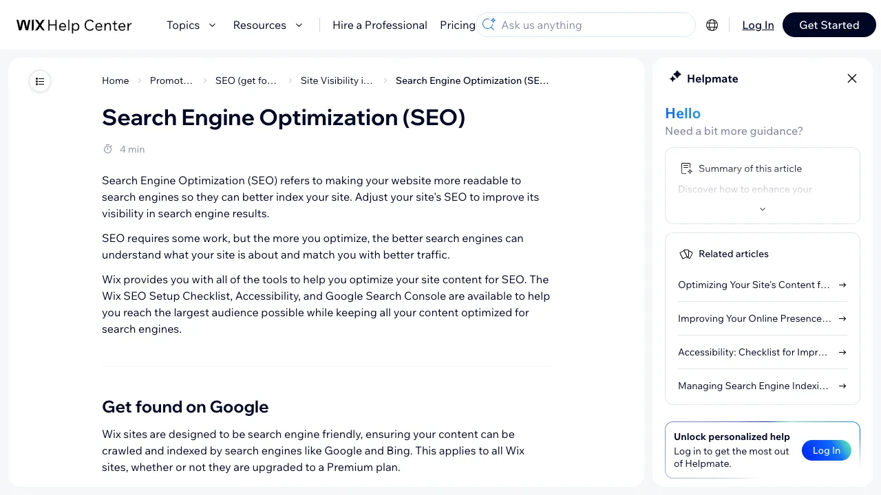 Official Wix Help Center page about search engine optimization and Wix SEO tools