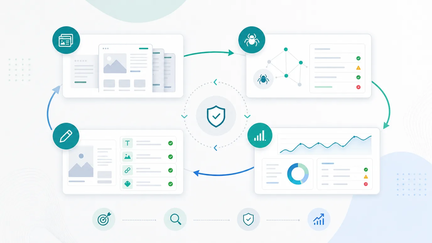 Wix SEO validation loop from website pages to crawl evidence, content fixes, and recrawl confirmation