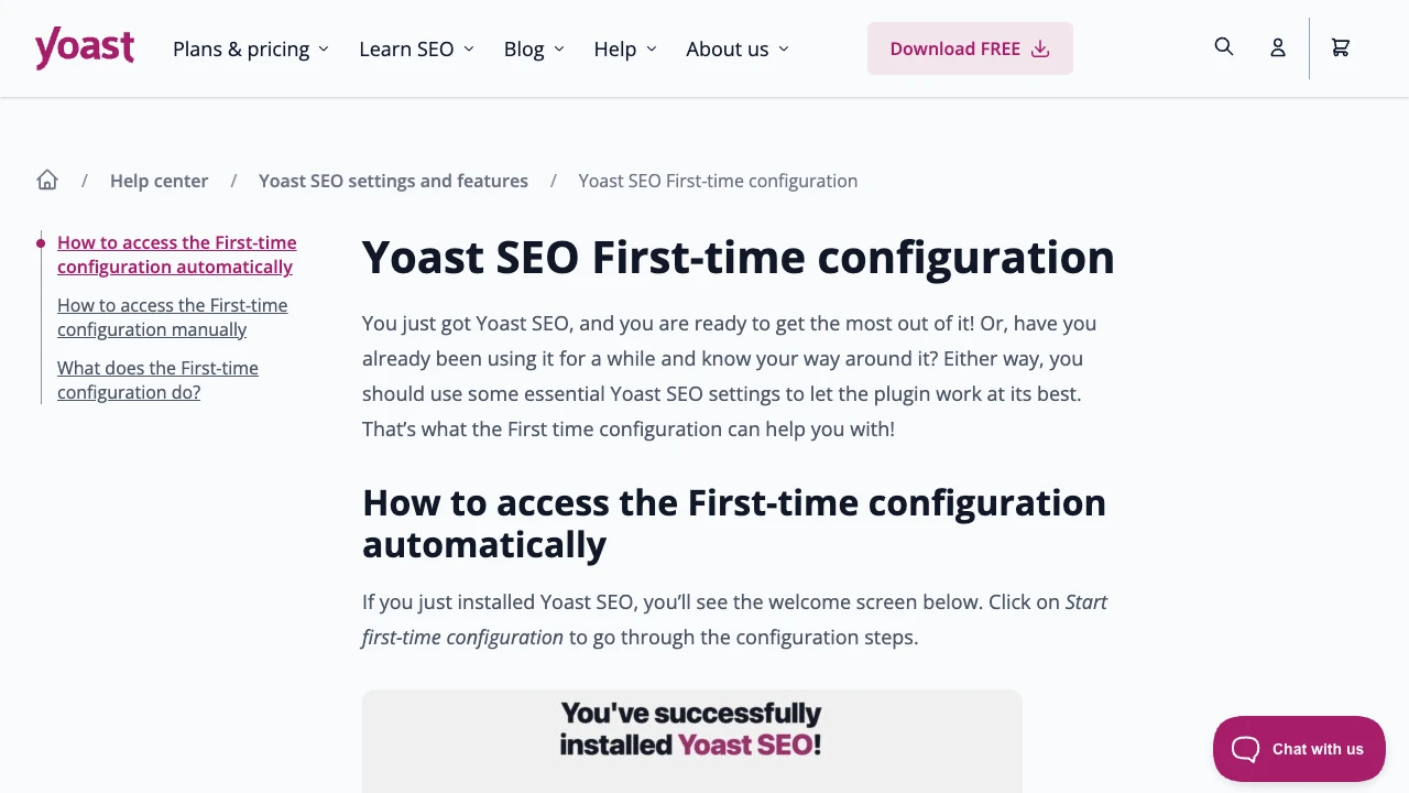 Official Yoast first-time configuration help page showing setup guidance