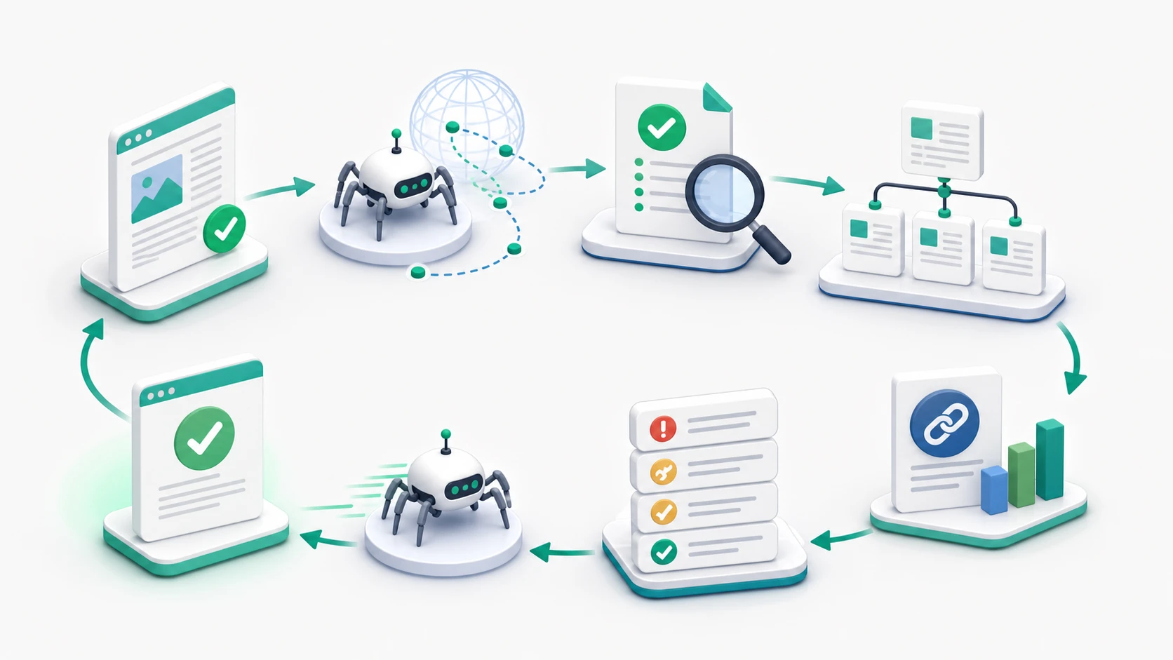 A continuous validation loop moving from WordPress publishing to crawl checks and an owned fix queue