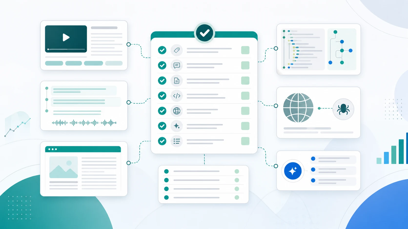 Video SEO validation board connecting metadata, transcripts, schema, crawl checks, and action queues